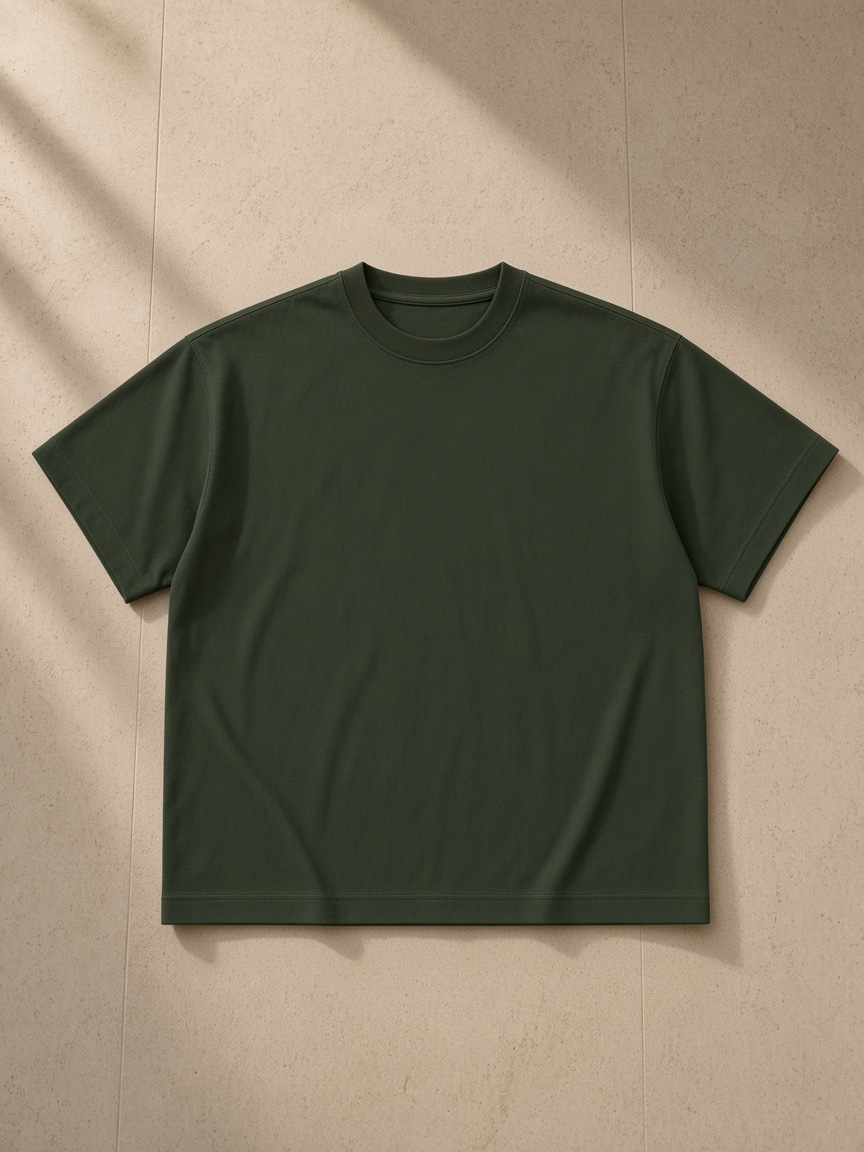 Unisex cotton boxy t-shirt in Dark Green, front view on white. Marcel Afters
