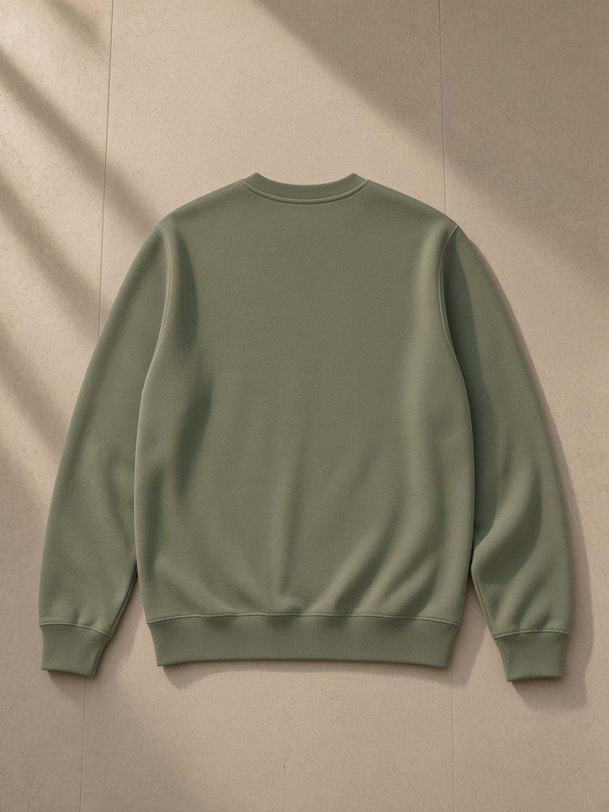 Unisex heavyweight crewneck sweatshirt in Army Green, laid flat on pale limestone, back view