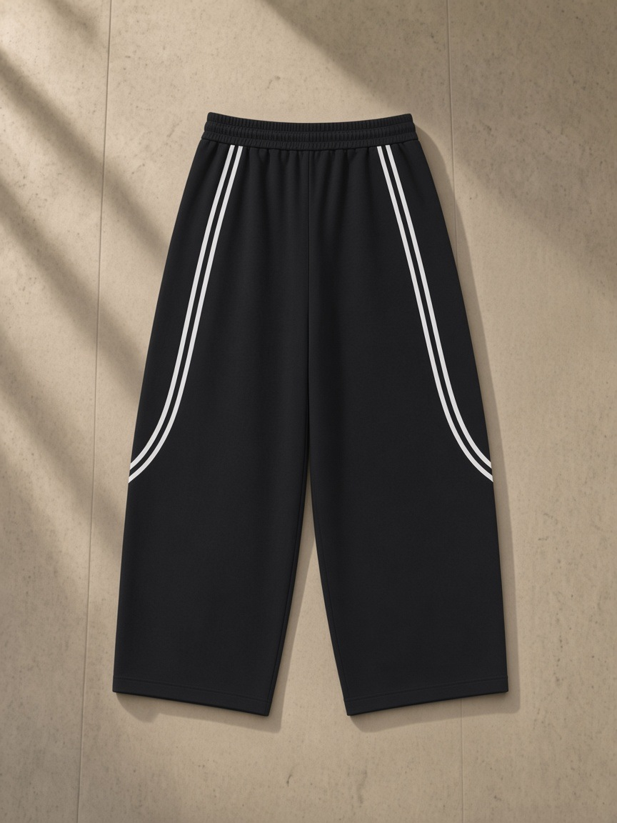 Wide Leg Piping Sweatpants in Black, laid flat on pale limestone, back.