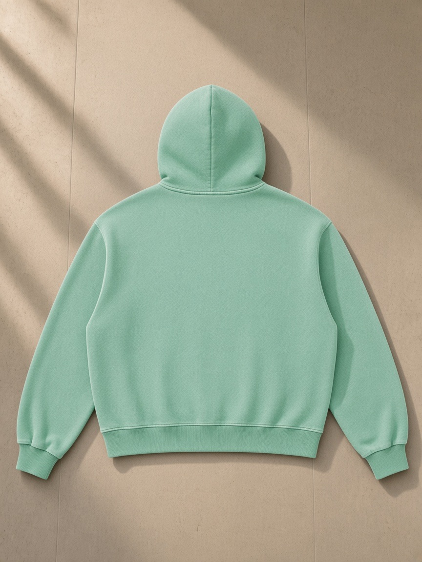 Vintage Wash Boxy Fleece Hoodie in Mint Green, laid flat on pale limestone, back view