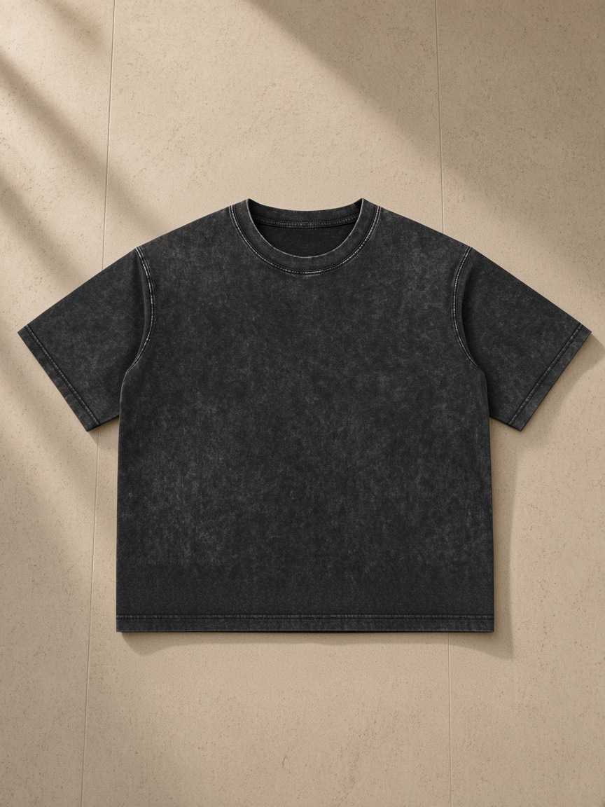 Unisex mineral wash boxy cotton t-shirt in Black, laid flat on pale limestone