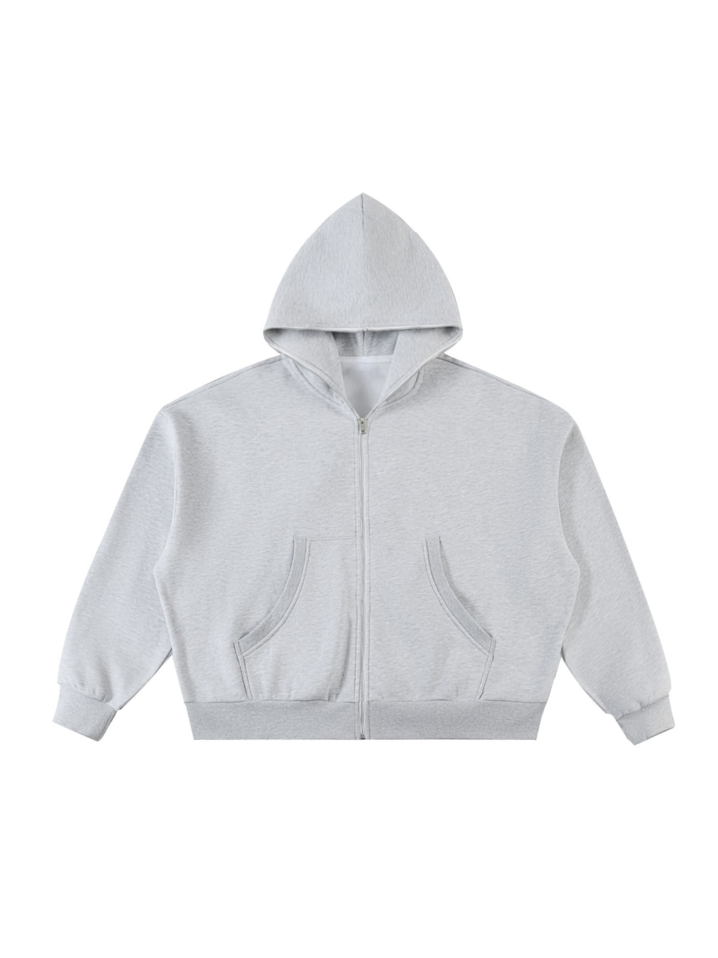 Men's fleeced full-zip boxy hoodie in Flower Gray, front view on white. Marcel Afters
