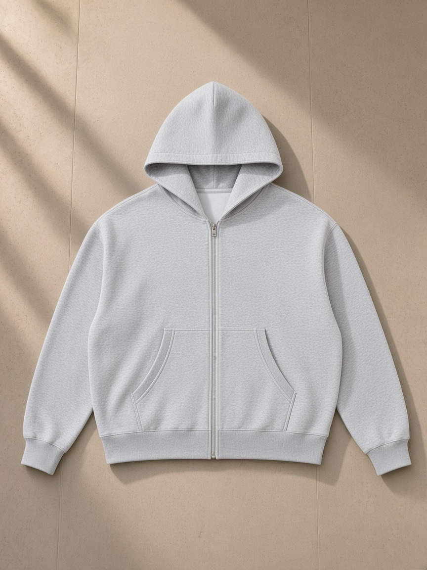 Men's fleeced full-zip boxy hoodie in Flower Gray, laid flat on pale limestone
