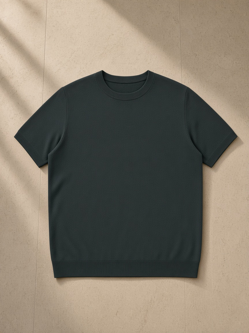 Crewneck Knit T-Shirt in Dark Gray, laid flat on pale limestone
