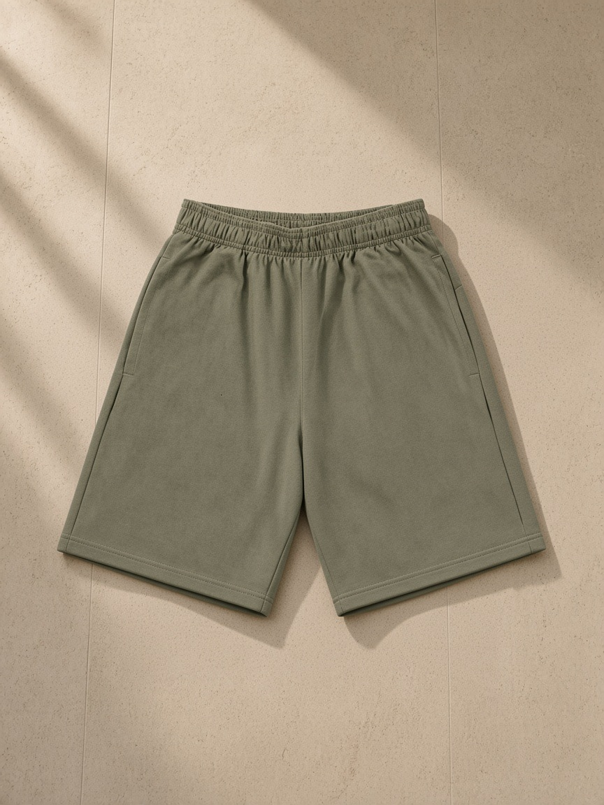 Unisex heavyweight cotton shorts in Moss Green, laid flat on pale limestone