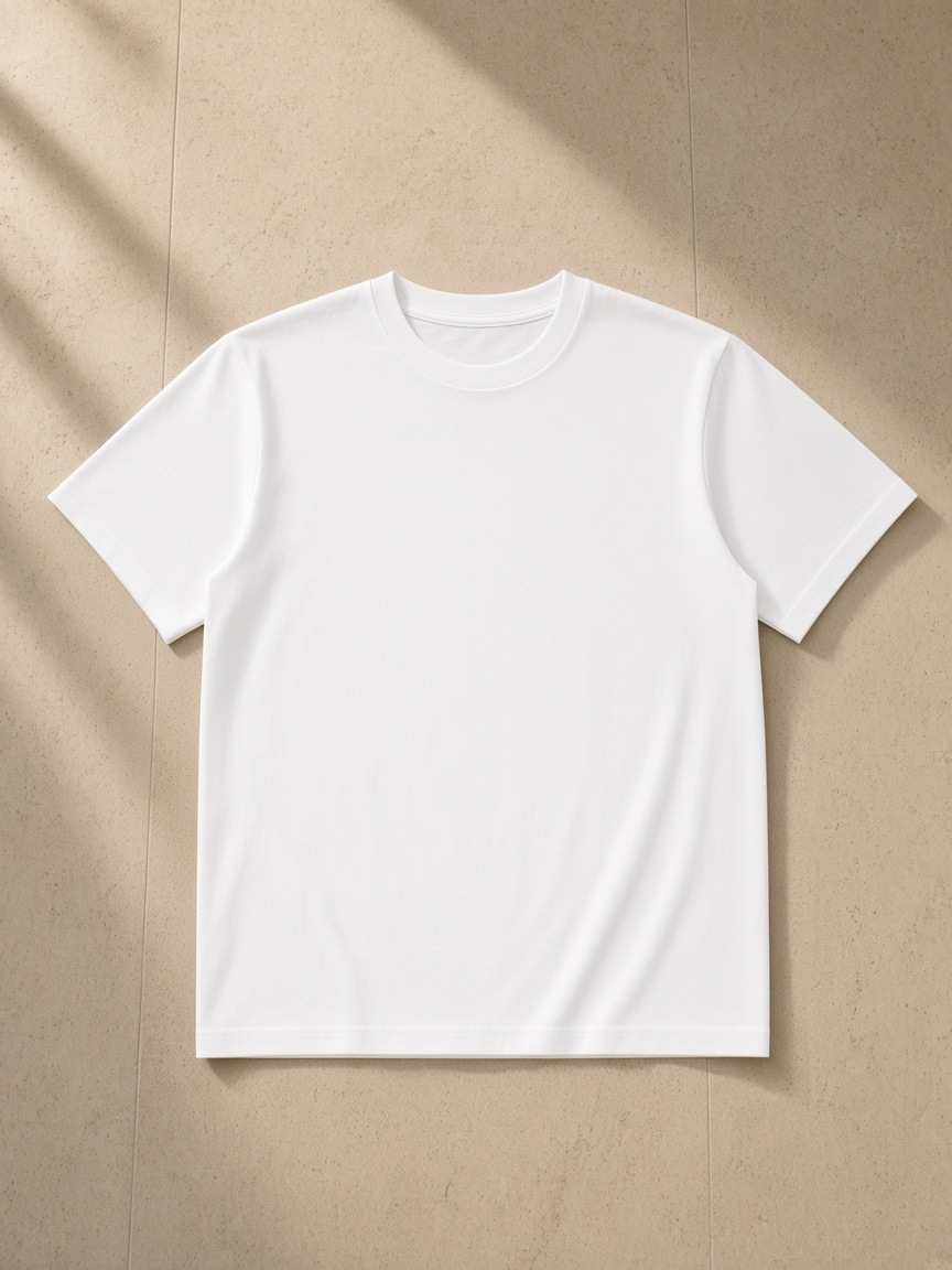Unisex classic crew neck cotton t-shirt in Lucent White, laid flat on pale limestone