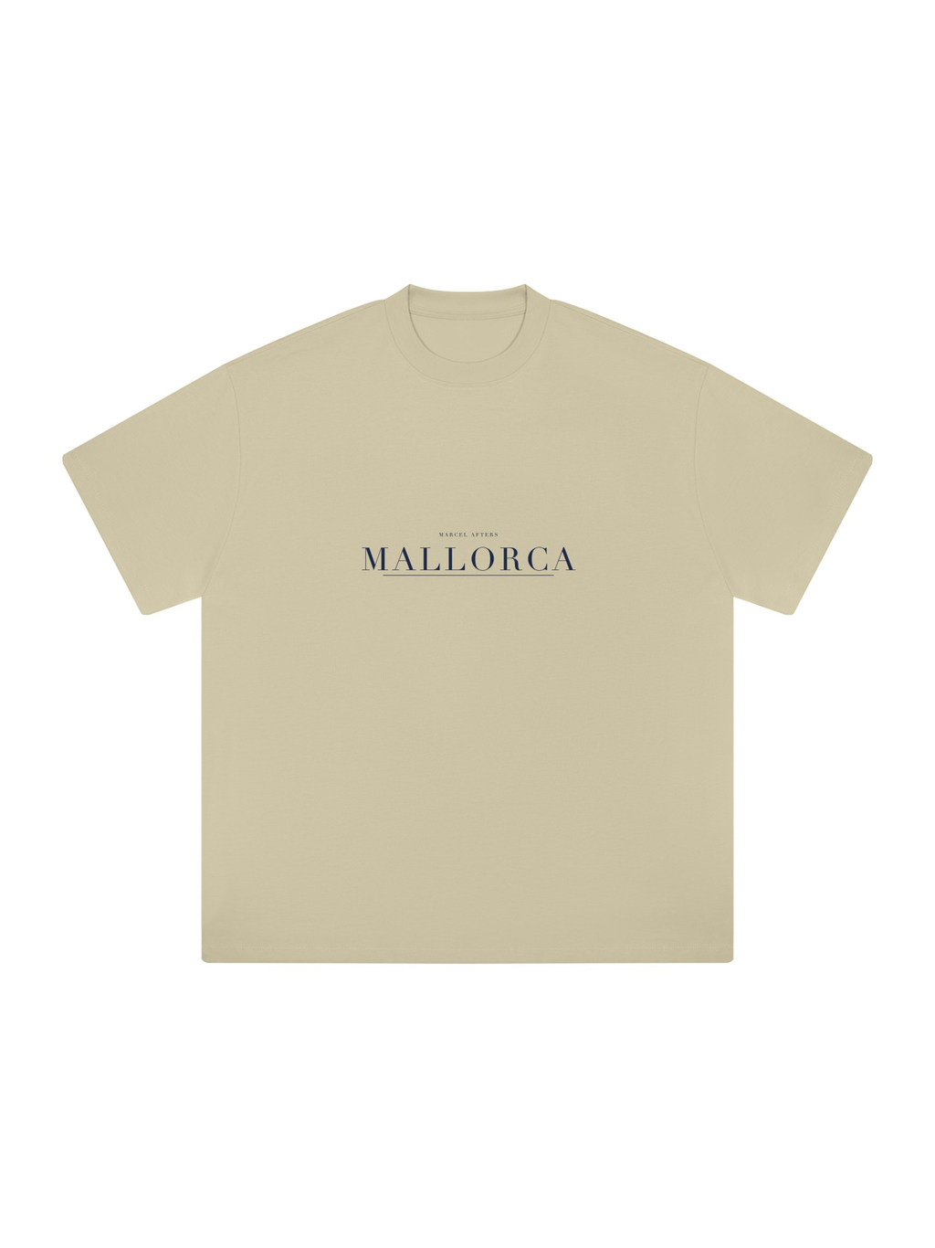 Mallorca Heavyweight Drop Shoulder T-Shirt by Marcel Afters in Pale Khaki, front view with the printed artwork, on white