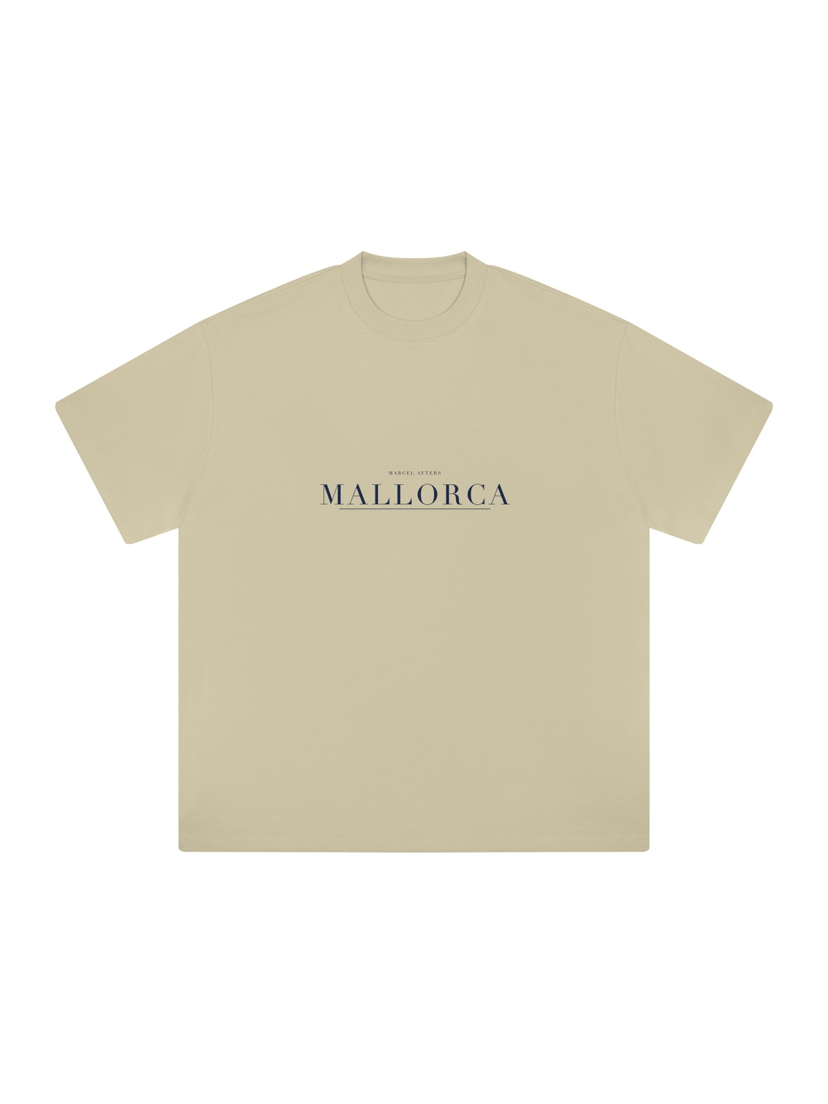 Mallorca Heavyweight Drop Shoulder T-Shirt by Marcel Afters in Pale Khaki, front view with the printed artwork, on white