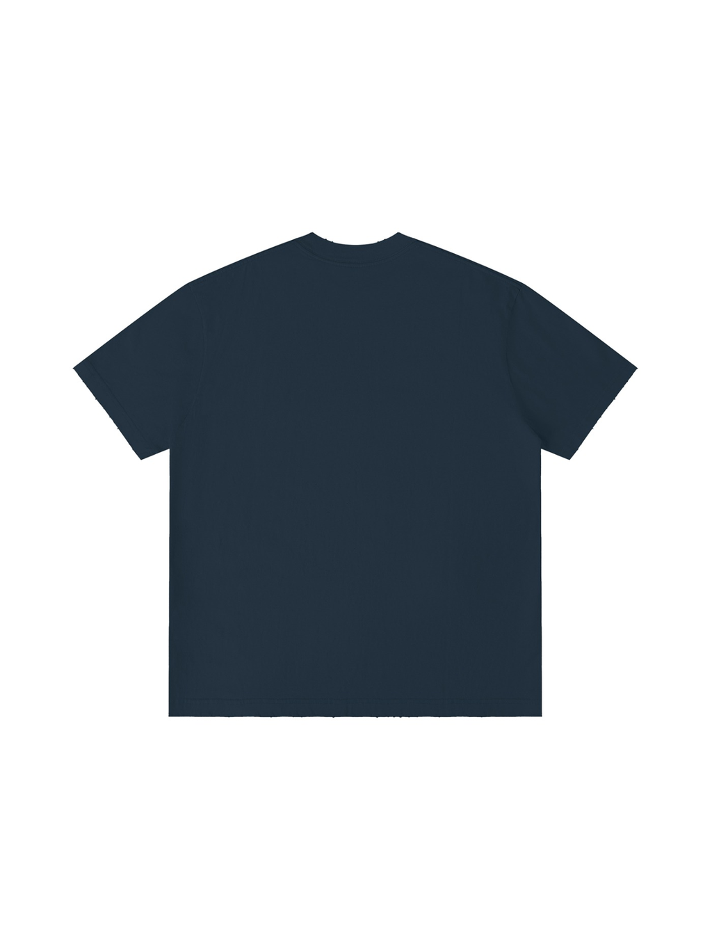 Unisex vintage wash distressed t-shirt in Navy Blue, back view on white. Marcel Afters