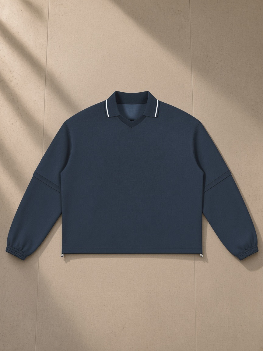 Boxy Detachable Collar Sweatshirt in Navy Blue, laid flat on pale limestone