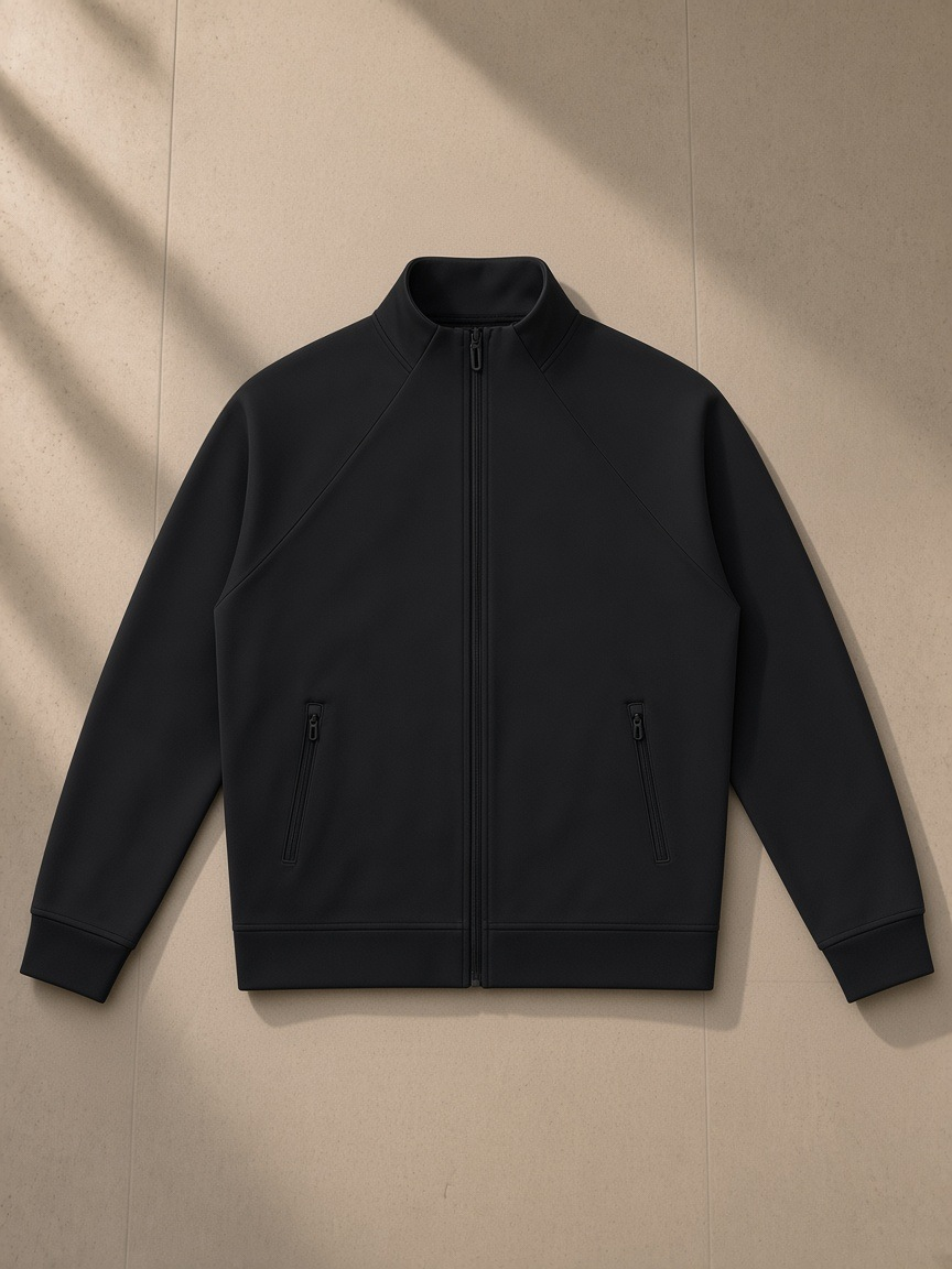 Zip-Pocket Stand Collar Jacket in Black, laid flat on pale limestone