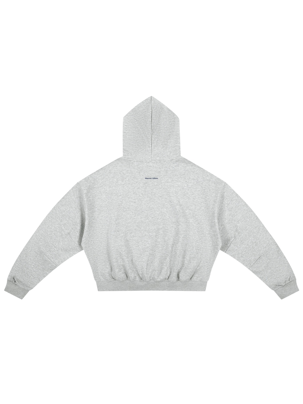 Unisex boxy darted sleeve hoodie in Flower Gray, back view on white. Marcel Afters