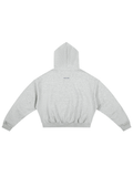 Unisex boxy darted sleeve hoodie in Flower Gray, back view on white. Marcel Afters