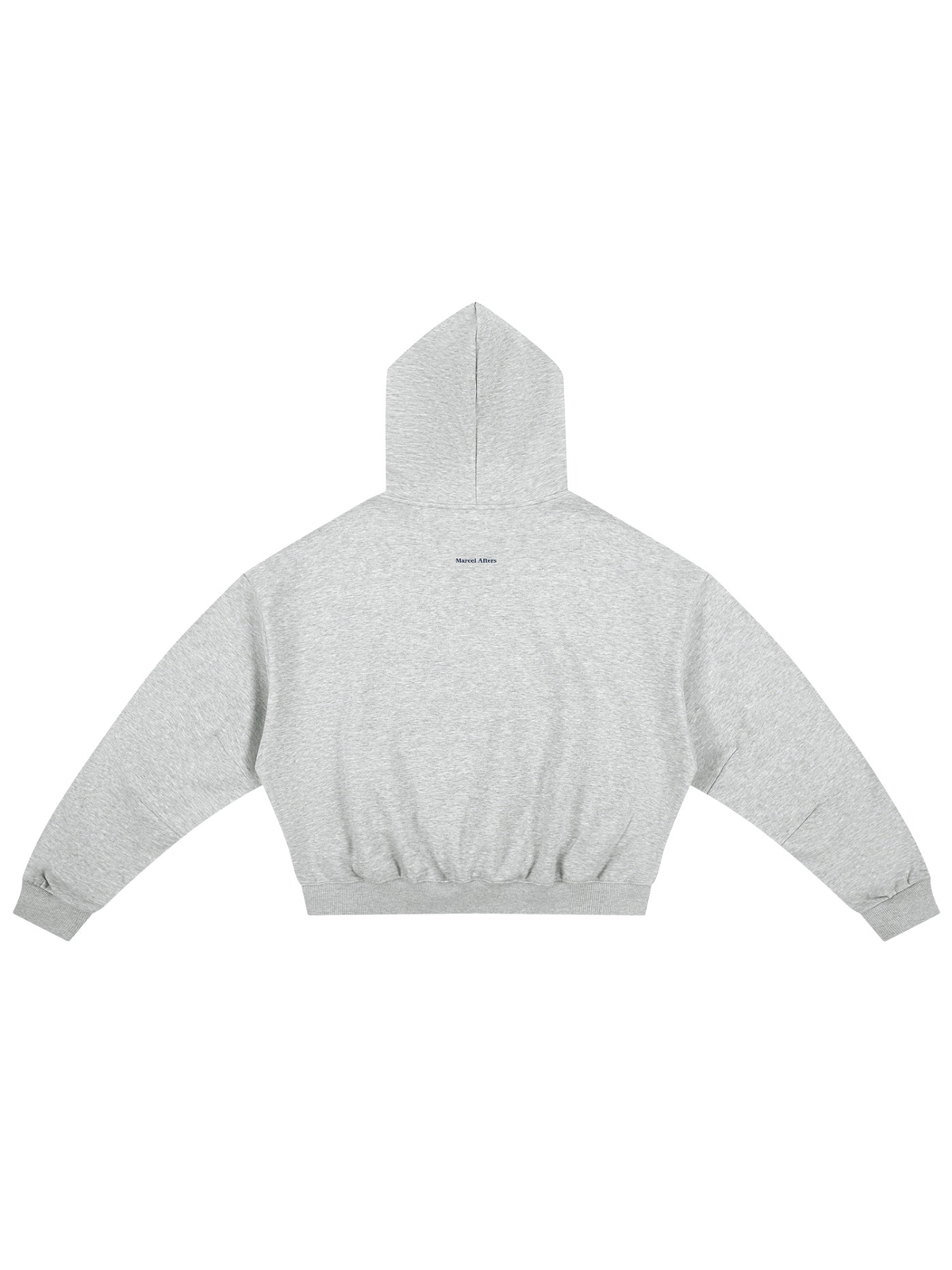 Unisex boxy darted sleeve hoodie in Flower Gray, back view on white. Marcel Afters