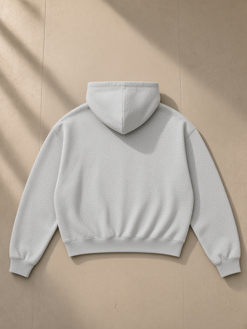 Unisex boxy darted sleeve hoodie in Flower Gray, laid flat on pale limestone, back view