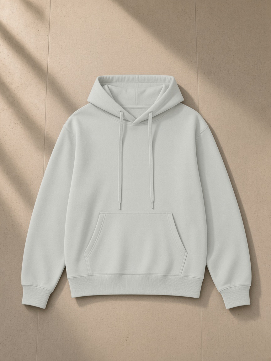 Unisex classic cotton hoodie in Hemp Ash, laid flat on pale limestone