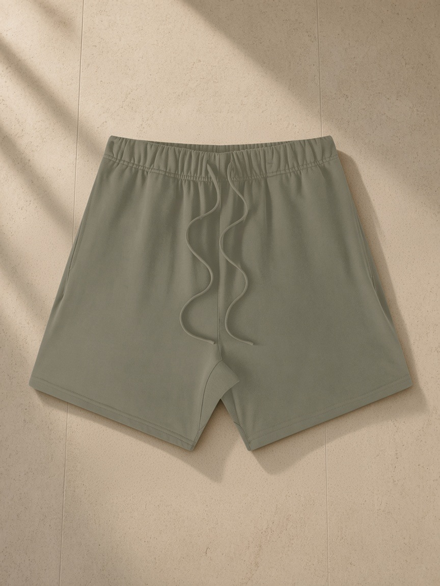 Earth Tone Loose Fit Cotton Shorts in Gray Green, laid flat on pale limestone