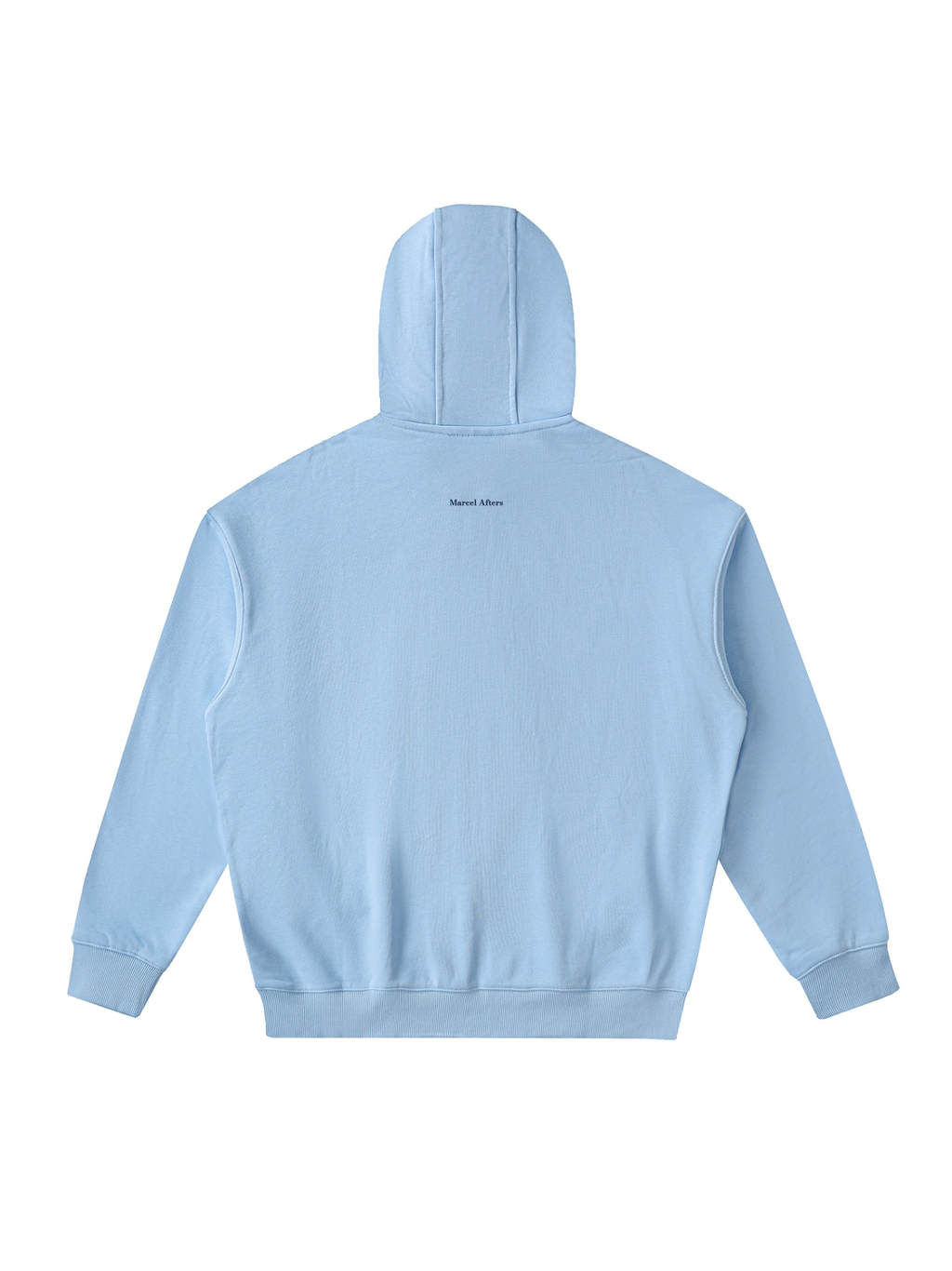 Unisex drop-shoulder zip up hoodie in Sky Blue, back view on white. Marcel Afters