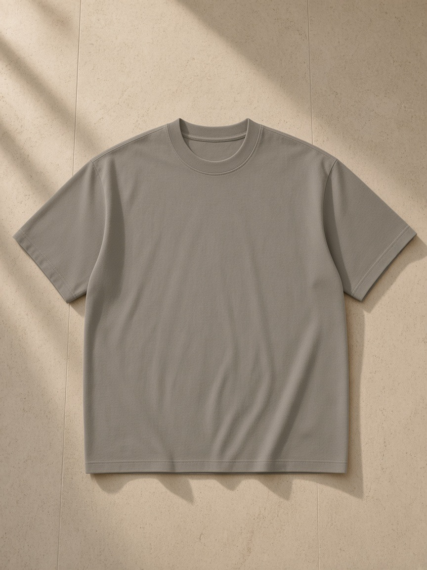 Men's Heavyweight Earth Tone T-Shirt in Gray Camel, laid flat on pale limestone