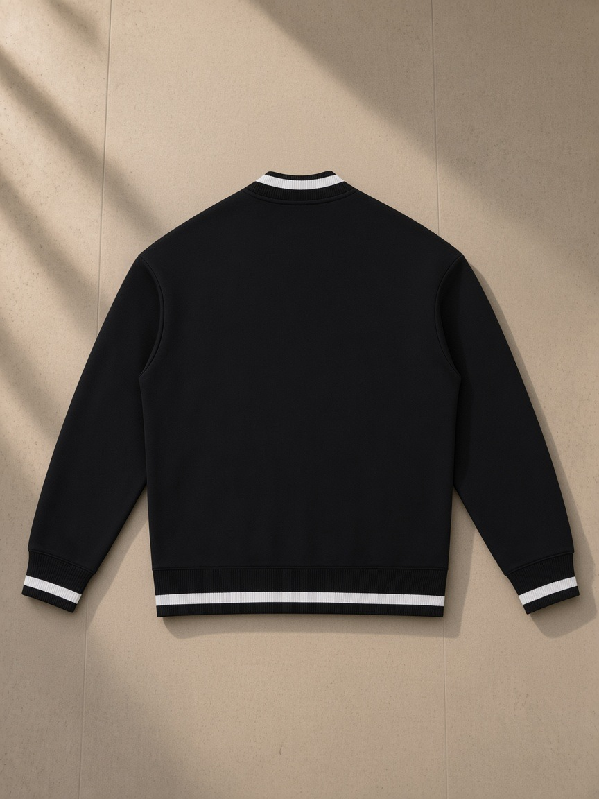 Contrast Piping Zip Bomber Jacket in Black, laid flat on pale limestone, back view