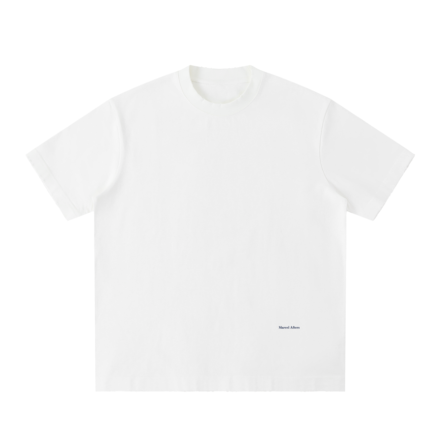 Heavyweight Vintage Washed Frayed T-Shirt in White, front view, small Marcel Afters wordmark at the lower left front.