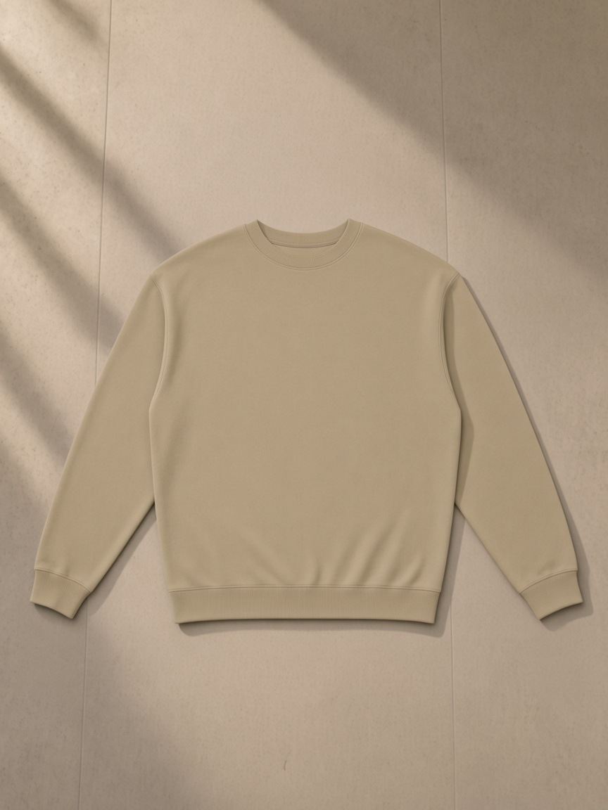 Loose Crewneck Sweatshirt in Khaki, laid flat on pale limestone, front.