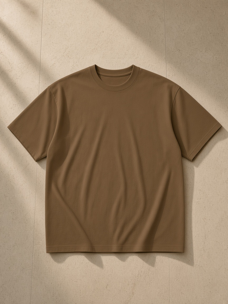 Unisex oversized drop shoulder t-shirt in Brown, laid flat on pale limestone