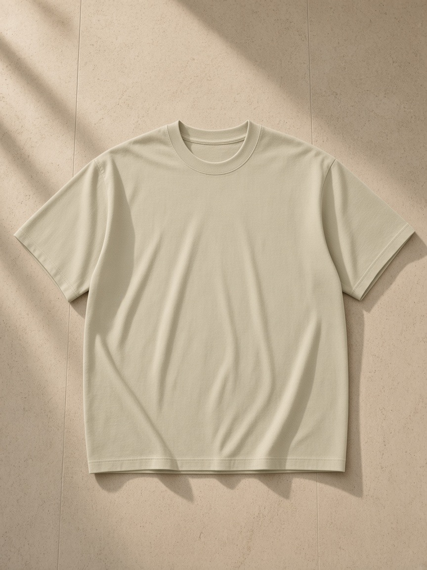 Men's heavyweight earth tone t-shirt in Sand Color, laid flat on pale limestone