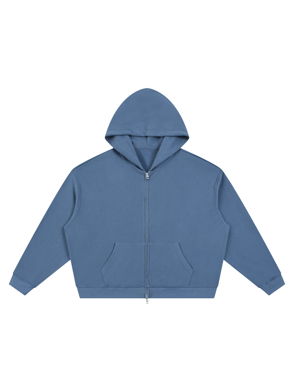 Unisex waffle boxy full zip hoodie in Jeans Blue, front view on white. Marcel Afters