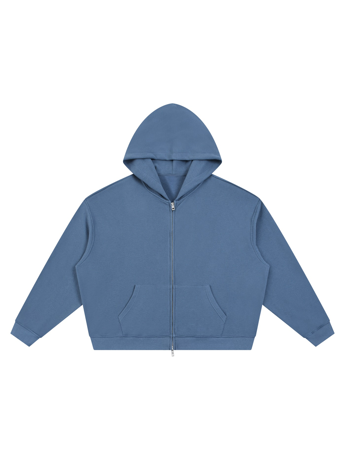Waffle Boxy Full Zip Hoodie in Jeans Blue, laid flat on pale limestone, front.