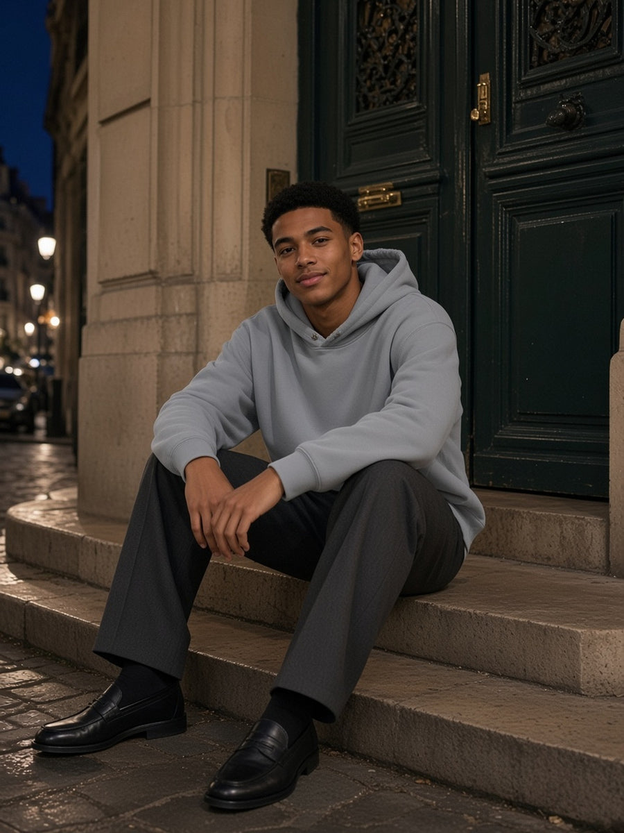 Man in the Frayed Enzyme Washed Fleece Hoodie in Light Gray, model front