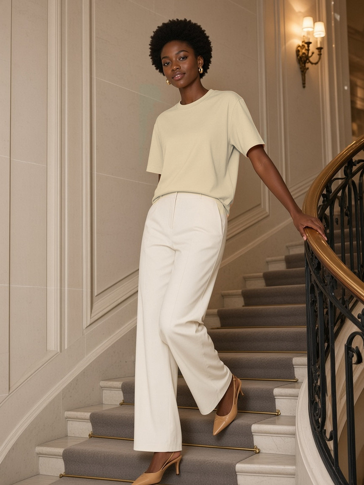 Woman in the Loose Fit Crewneck T-Shirt in Apricot, model front