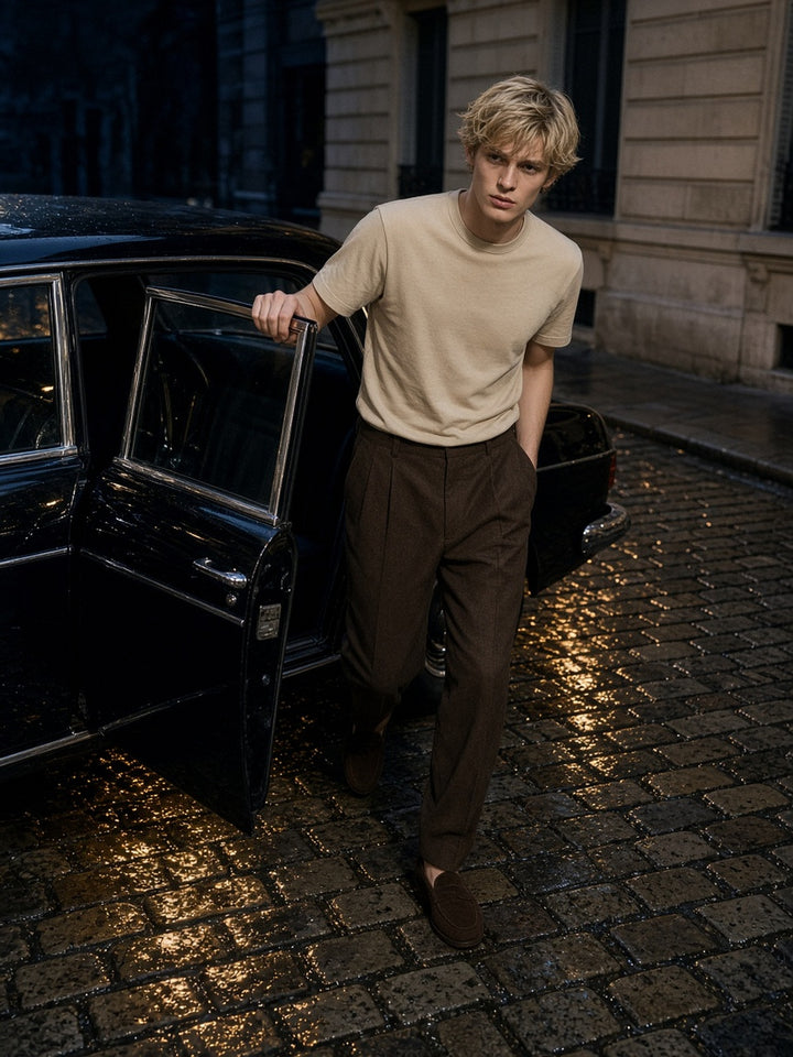 Man in the Loose Fit Crewneck T-Shirt in Beige, model front