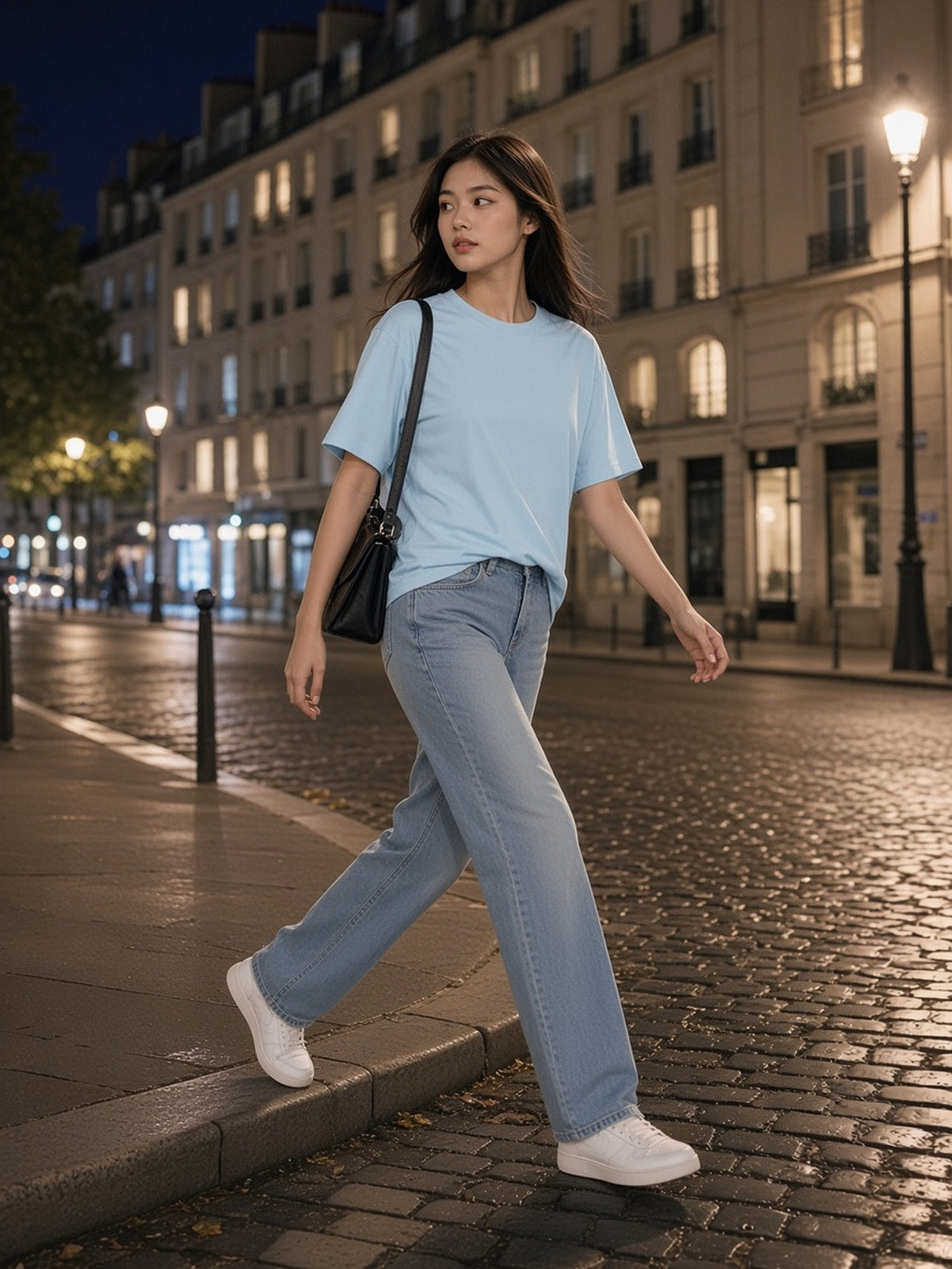 Woman in the Loose Fit Crewneck T-Shirt in Blue, model front