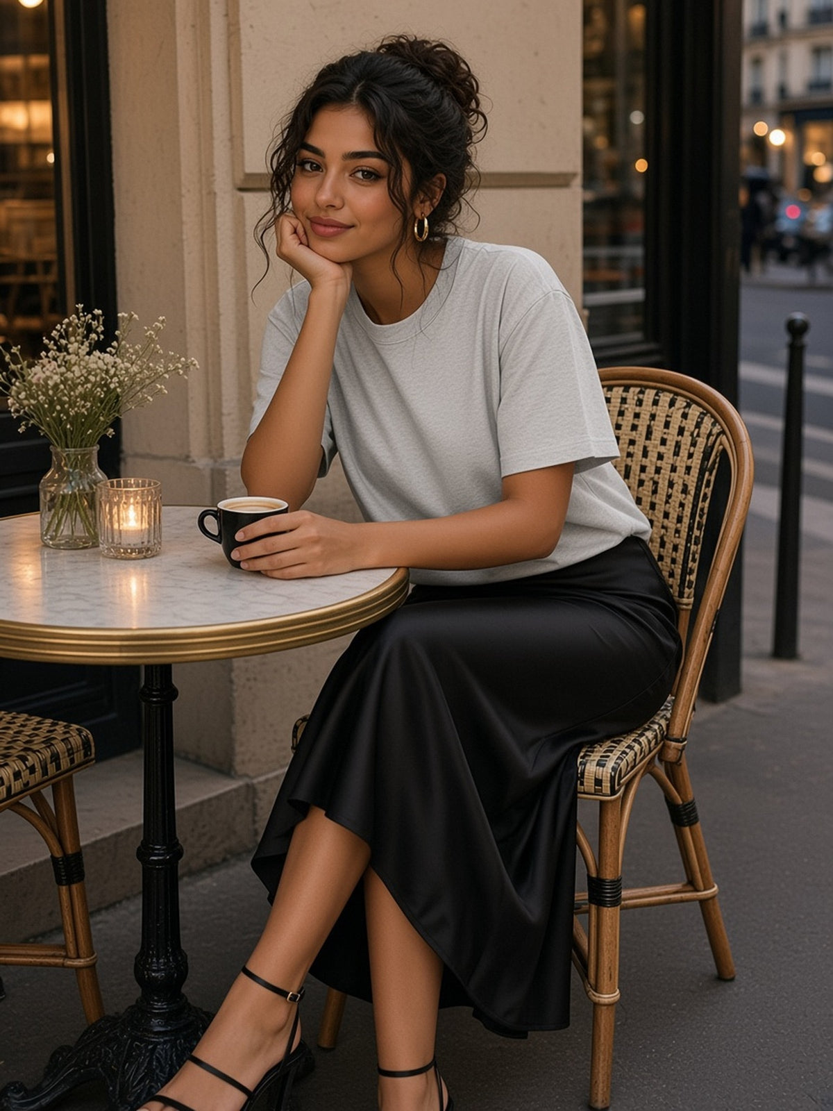 Woman in the Loose Fit Crewneck T-Shirt in Flower Gray, model front