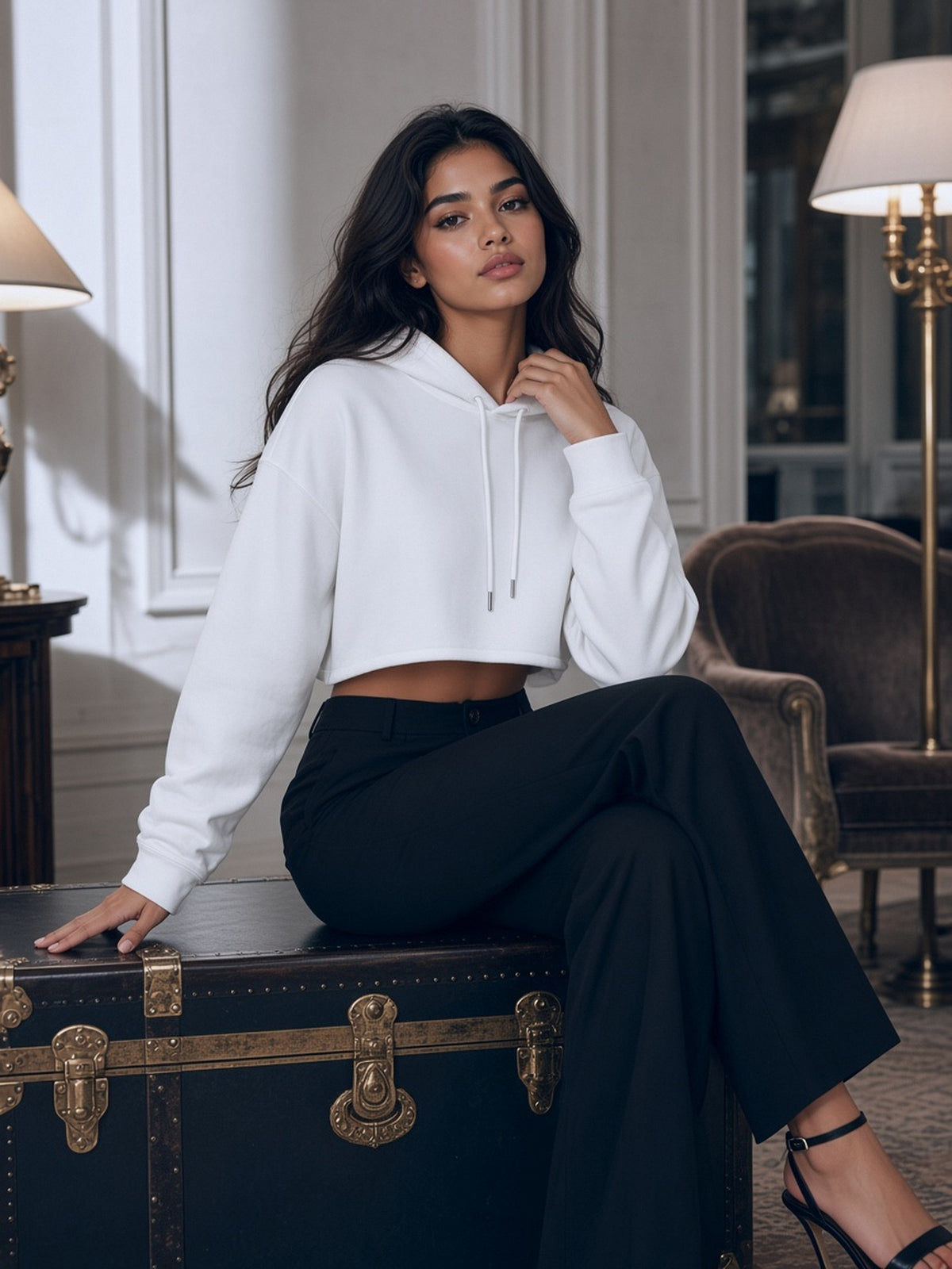 Woman in the Essential Cropped Hoodie in White, model front