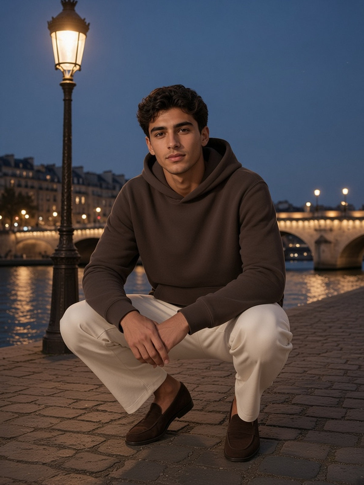 Man in the Fleece Regular Shoulder Hoodie in Coffee, model front