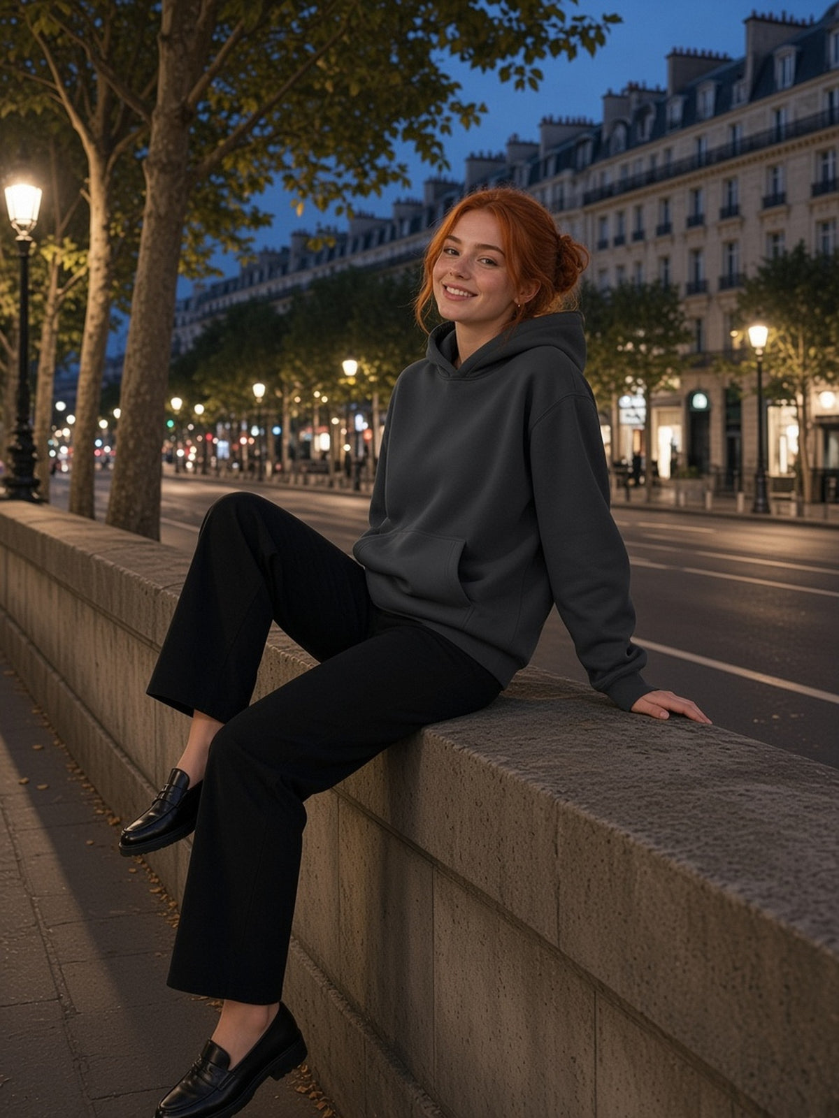 Woman in the Fleece Regular Shoulder Hoodie in Dark Gray, model front