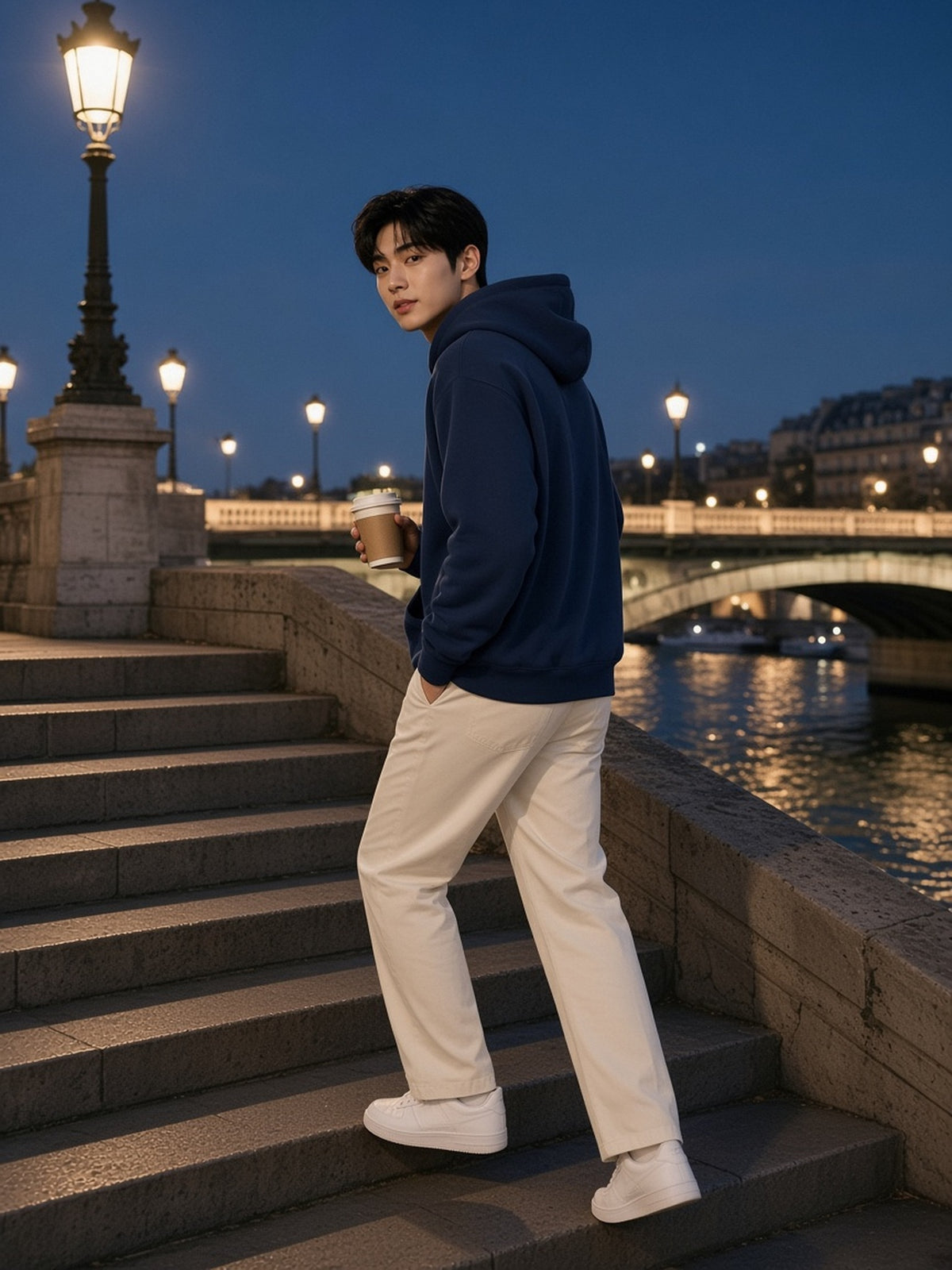 Man in the Fleece Regular Shoulder Hoodie in Navy Blue, model side view