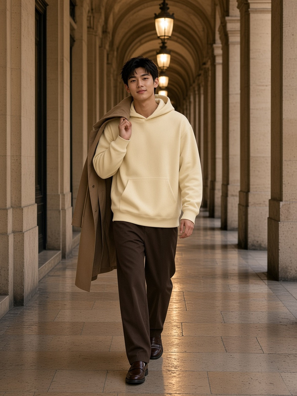 Man in the Oversize Fleeced Hoodie in Apricot, model front