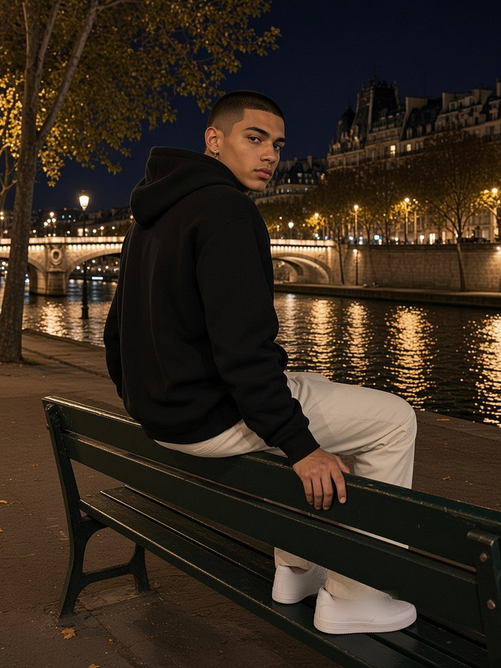 Man in the Oversize Fleeced Hoodie in Black, model front