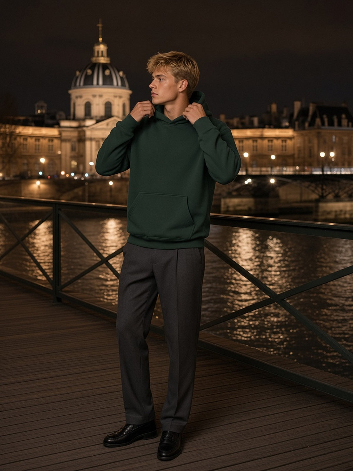 Man in the Oversize Fleeced Hoodie in Eden Green, model front