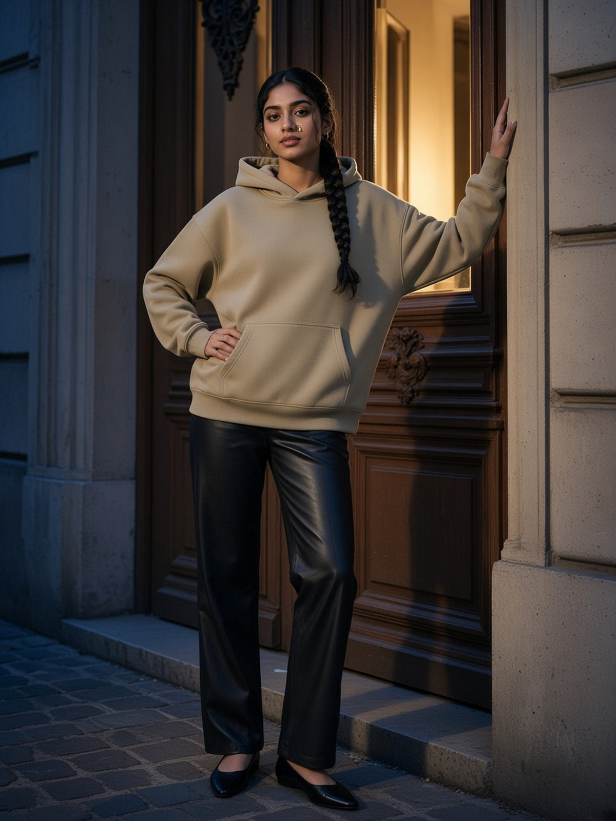 Woman in the Oversize Fleeced Hoodie in Gray Apricot, model front