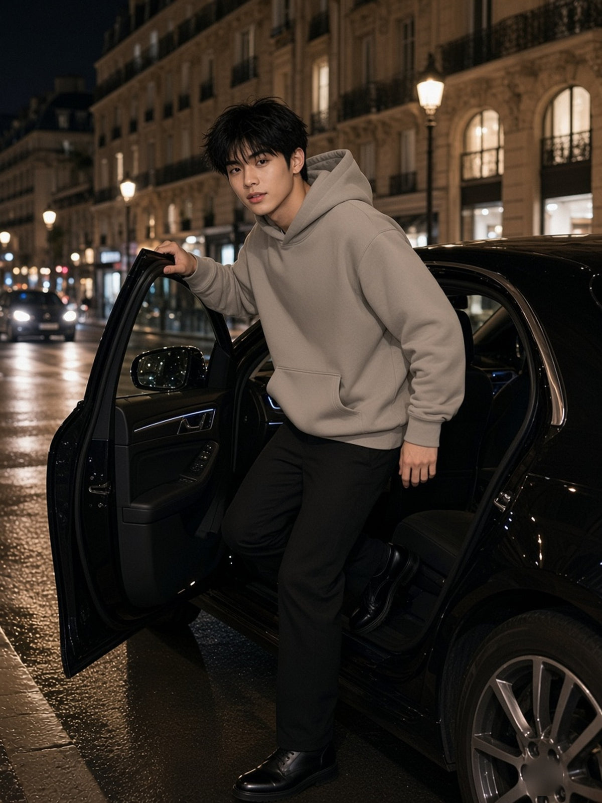 Man in the Oversize Fleeced Hoodie in Gray Coffee, model front