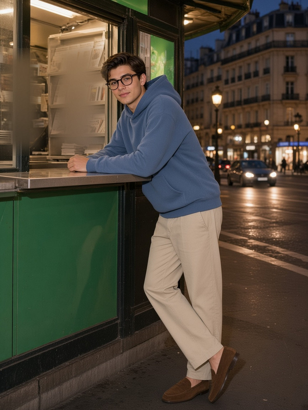 Man in the Oversize Fleeced Hoodie in Jeans Blue, model front