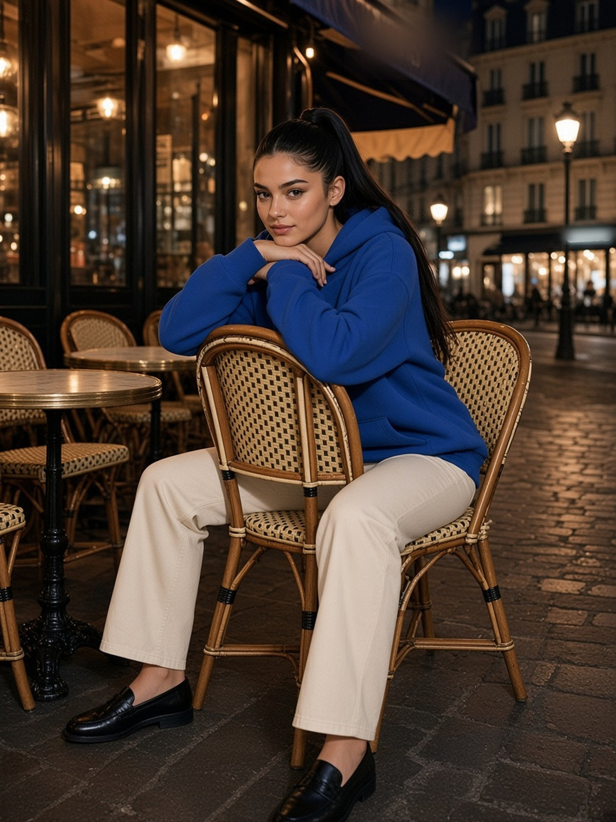 Woman in the Oversize Fleeced Hoodie in Klein Blue, model front