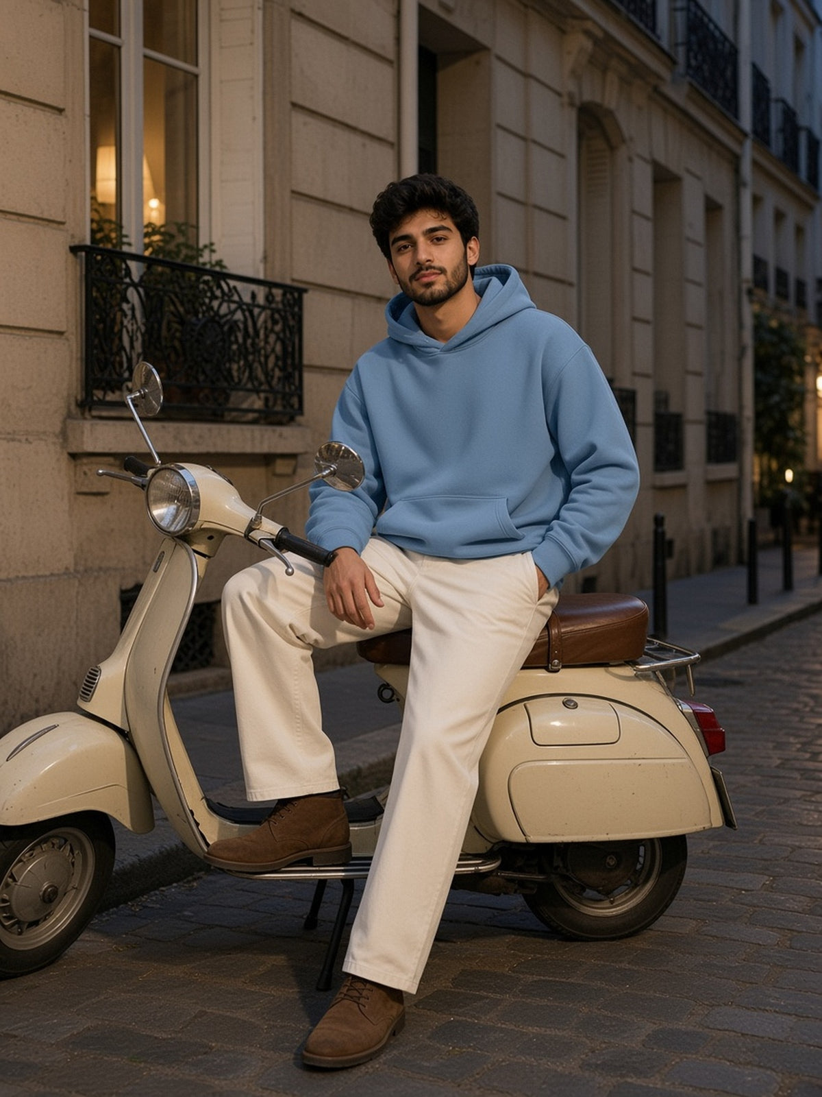 Man in the Oversize Fleeced Hoodie in Medium Blue, model front