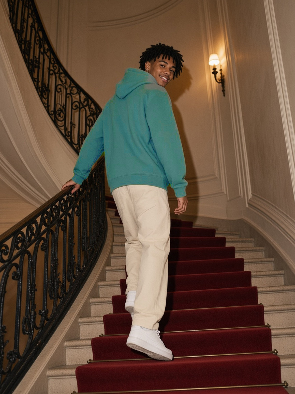 Man in the Oversize Fleeced Hoodie in Medium Green, model front