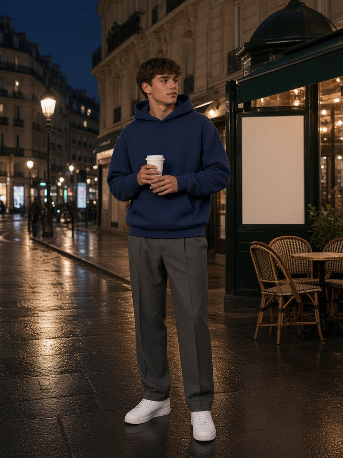 Man in the Oversize Fleeced Hoodie in Navy Blue, model front