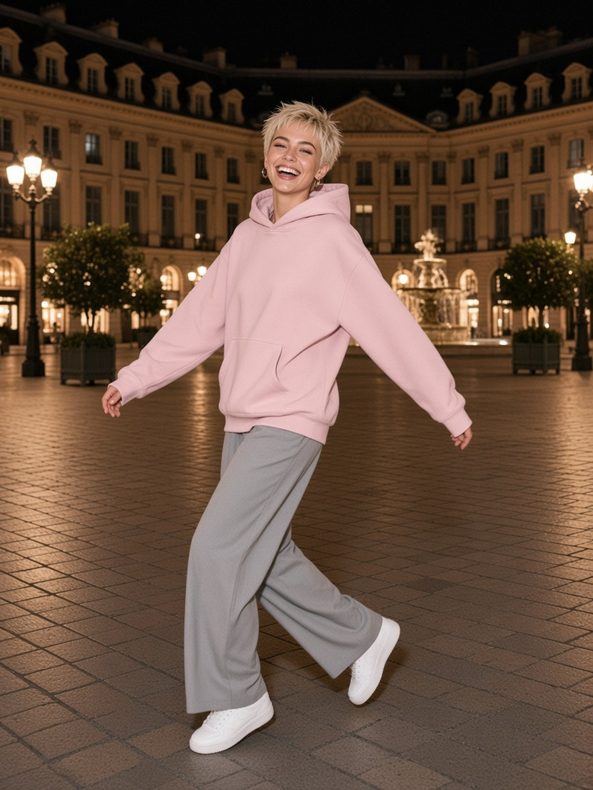 Woman in the Oversize Fleeced Hoodie in Pink, model front